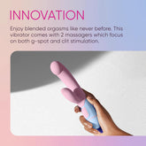 A hand holds the Femme Funn FFIX Rabbit Vibrator - Pink against a neutral background. The pink and blue dual-ended vibrator boasts powerful vibration modes with two massagers designed for dual stimulation of the g-spot and clitoral areas. The text reads: "INNOVATION: Enjoy blended orgasms like never before.